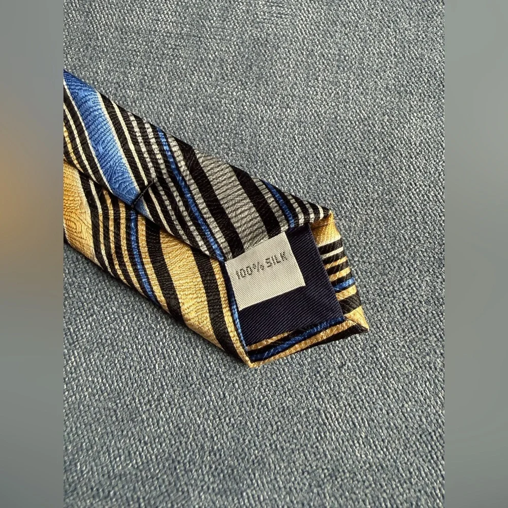 VTG Pierre Cardin Men’s 100% Silk Neck Tie Gold Blue Black Silver Striped Retro